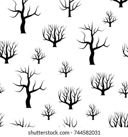 Seamless black and white curved trees without leaves backgrounds. Vector forest seamless texture.