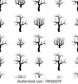 Seamless black and white curved trees without leaves backgrounds. Vector forest seamless texture.