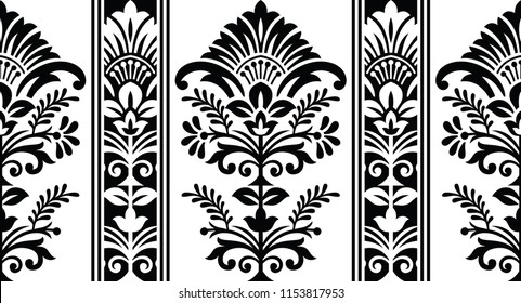 Seamless Black And White Damask Floral Border