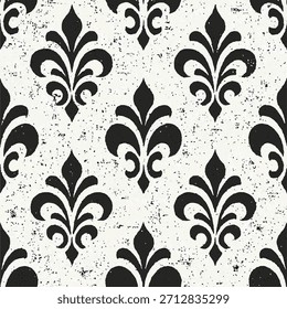 Un patrón de damasco blanco y negro sin fisuras con audaces motivos de flor de lis, efectos de textura afligidos, estilo de fondo de Fondo de pantalla envejecido, detalles de superficie grunge, diseño ornamental retro y repetición
