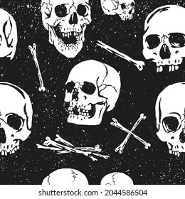 Seamless black and white dark grunge skulls and bones pattern vector