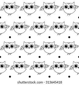 Seamless black and white decorative background with owls and dots