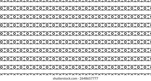 Seamless black and white decorative chain pattern with interlocking circular shapes in horizontal stripes. Perfect for elegant backgrounds, textiles, and abstract design projects.