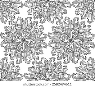 Seamless black and white decorative flower hand drawn vector pattern for coloring books relaxation activities