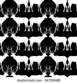 Seamless black and white decorative vector background with decorative deer