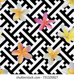 Seamless black and white diagonal geo op art tribal interlocking vintage pattern with tropical flowers vector
