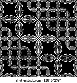 Seamless black and white diagonal  pattern of dotted intersected flowers and leaves. Floral trellis of lace petals. Mosaic lattice. Monochrome print of beads. Vector Illustration.
