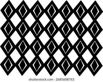 Seamless black and white diamond pattern with layered geometric shapes creating a bold, modern, and stylish design. Perfect for textiles, wallpapers, and backgrounds.
