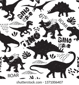 Seamless black and white Dino pattern, print for T-shirts, textiles, wrapping paper, web. Original design with t-rex, dinosaur.  grunge design for boys and girls