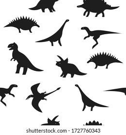 Seamless black and white dino pattern. Dinosaur silhouettes on white background for textile, print, fabric or paper wrapping