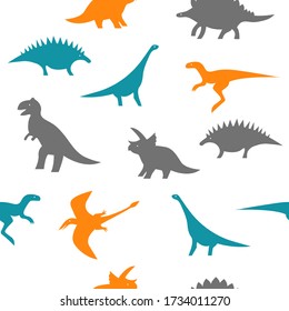 Seamless black and white dino pattern. Dinosaur silhouettes on white background for textile, print, fabric or paper wrapping