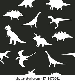 Seamless black and white dino pattern. Dinosaur silhouettes on black background for textile, print, fabric or paper wrapping