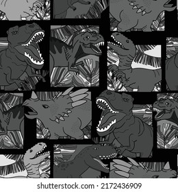 Seamless  black and white  Dino pattern, print for T-shirts, textiles, wrapping paper, web. Original design with t-rex, dinosaur.  grunge design for boys and girls