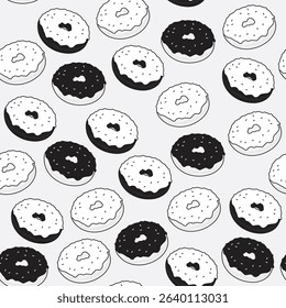 Seamless black and white donut vector, seamless pattern on white background