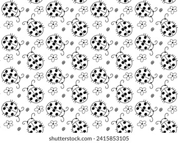 seamless black and white doodle forest children's pattern with ladybugs