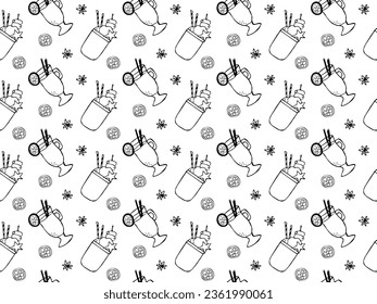 Seamless black and white doodle pattern with cocktails, festive drinks, mulled wine and frikshake, monstershake
