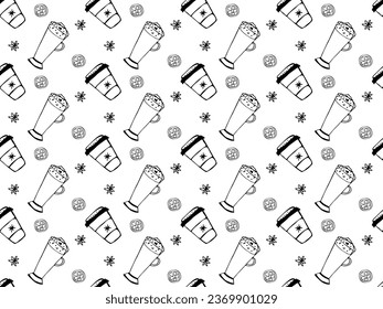 Seamless black and white doodle pattern with cocktails, holiday drinks, coffee