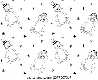 Seamless black and white doodle pattern of funny penguins in winter hats