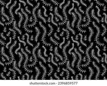 Seamless black and white doodle pattern made of spruce branches or algae