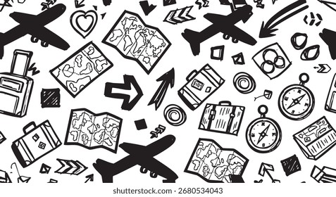 Seamless black and white doodle pattern of travel icons including airplanes, suitcases, maps, compasses, and arrows.