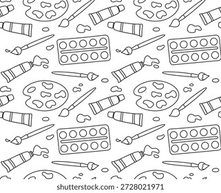 Seamless black and white doodle pattern with art supplies. Background of  paints, brushes and palettes.