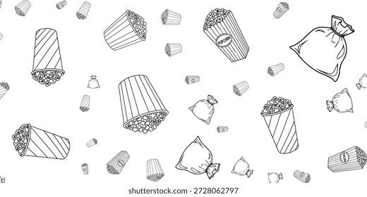 Um padrão de doodle preto e branco sem costura com vários copos de pipoca e bolsas espalhadas por um fundo branco limpo. Algumas xícaras têm listras, e uma é rotulada 'POPCORN', criando um design divertido e com tema de lanche.