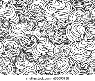 Seamless black and white doodle pattern with desserts. Hand drawn illustration for coloring book