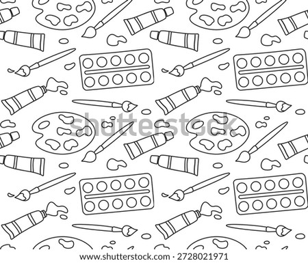 Seamless black and white doodle pattern with art supplies. Background of  paints, brushes and palettes.