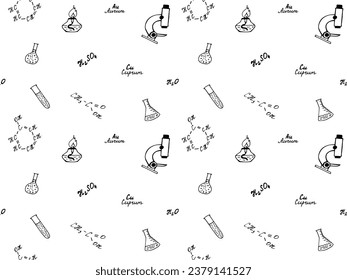 Seamless black and white doodle school pattern. Institute. Chemistry, formulas, flasks,test tubes