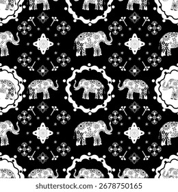 Padrão de elefante preto e branco sem costura com decorações florais. Elefantes ornamentais combinados com motivos geométricos e florais em um fundo escuro. Perfeito para têxteis, papéis de parede, envoltórios de presente·