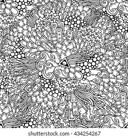 Seamless black and white ethnic floral retro doodle background pattern in vector. Henna paisley mehndi doodle design tribal pattern. Abstract pattern with circles, waves, triangles, geometrical shapes