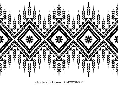  A seamless, black and white ethnic pattern featuring symmetrical geometric shapes and intricate designs, perfect for use in textile prints, wallpapers,Design for fabric pattern , gift