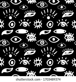 Patrón de ojos blancos y negros sin inconvenientes, fondo de cartón dibujado a mano para impresión textil, textil y naïf