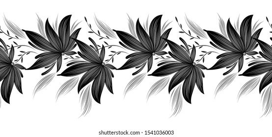 Seamless black and white fancy flower border