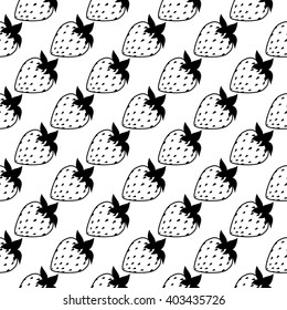seamless of black and white flat strawberries on white background. Vector illustration.