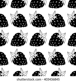 seamless of black and white flat strawberries on white background. Vector illustration.