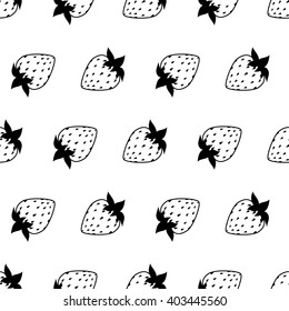 seamless of black and white flat strawberries on white background. Vector illustration.