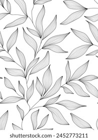 Seamless black and white floral background with leaves. Hand drawn minimal abstract organic shapes pattern. Delicate vector white abstact pattern with black leaves.