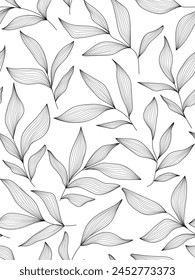 Seamless black and white floral background with leaves. Hand drawn minimal abstract organic shapes pattern. Delicate vector white abstact pattern with black leaves.