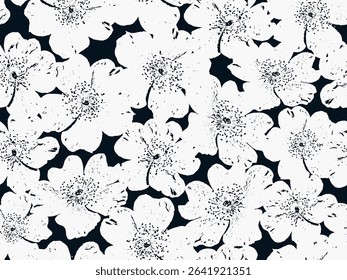 Seamless black and white floral background. Minimal abstract organic shapes pattern. Vector black abstact pattern with white flowers.