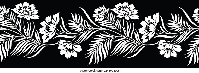 Seamless black and white floral border