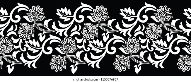 Seamless black and white floral border