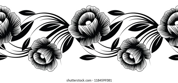 Seamless black and white floral border