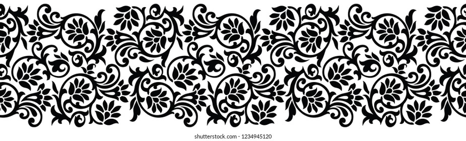 Seamless black and white floral border