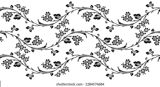 Seamless black and white floral border