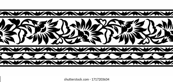 Seamless black and white floral border