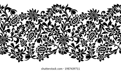 Seamless black and white floral border with paisley design