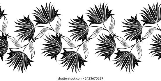 Seamless black and white floral border