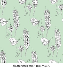 Seamless black and white floral and butterfly pattern isolated on green. Hand drawing. Vector illustration EPS 10.