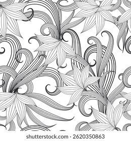 Padrão de vetor desenhado à mão floral preto e branco contínuo com flores de arte de linha elegantes e curvas fluindo. Fundo decorativo intrincado para têxtil, papel de parede, impressões ou coloração. Textura sem fim.